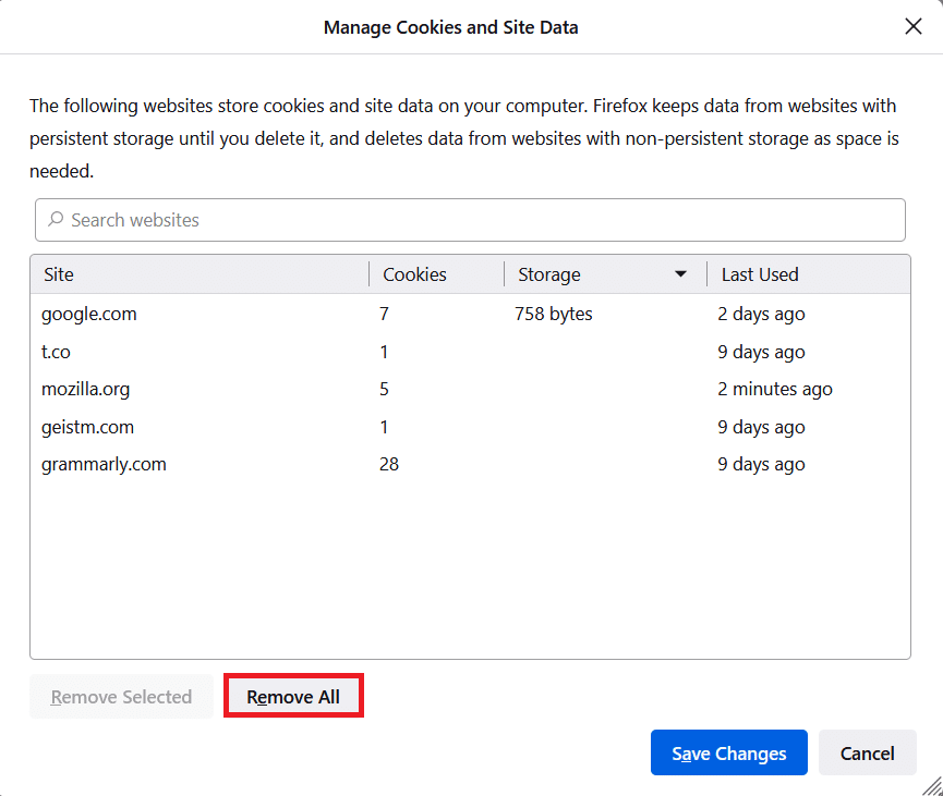select Remove All to remove all cookies and storage data