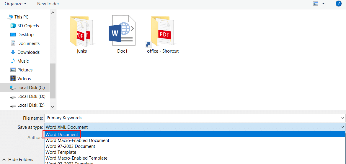 select save as type to word document