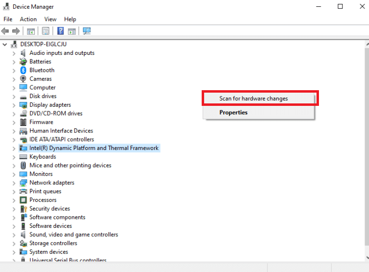 Select Scan for hardware changes from the context menu of any empty spot
