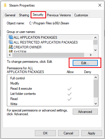 Select Security tab and click Edit. Fix Dota 2 Disk Write Error