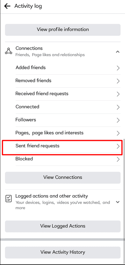 Select Sent friend requests under Connections | How to See Friend Requests You Sent on Facebook