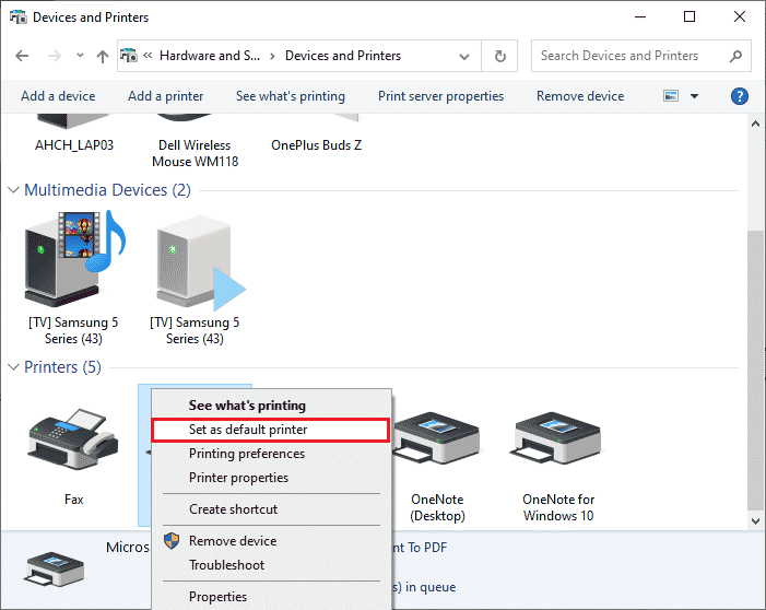 select Set as default printer. Fix Error Printing in Windows 10