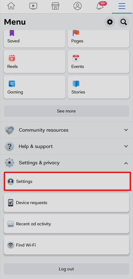 Select Settings from the menu options under Settings & Privacy.
