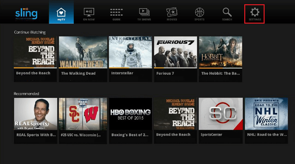 select settings in Sling TV app. Fix Sling TV Down on Windows 10