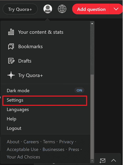 Select Settings in the drop-down menu
