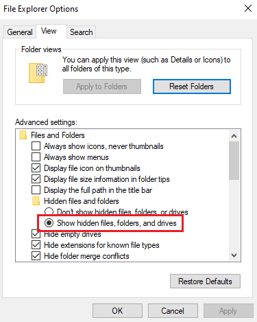 Select Show hidden files folder and drives