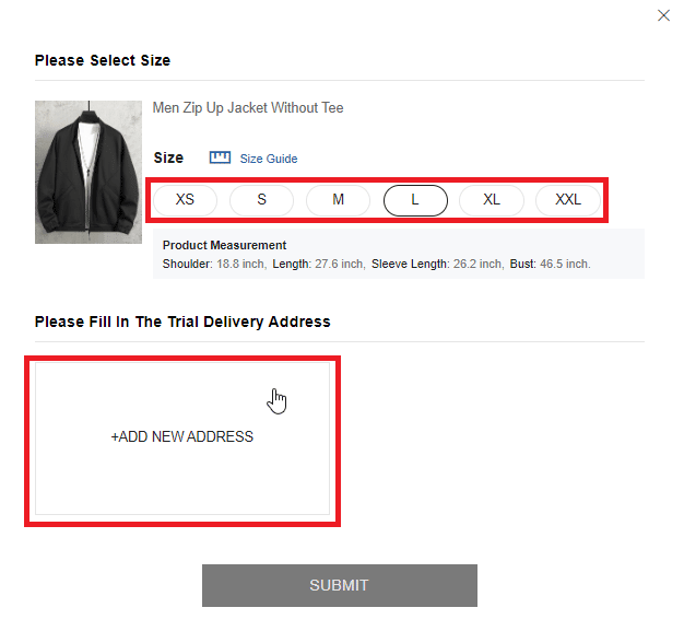 select size and click add new address