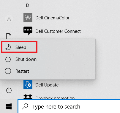 Select Sleep option. How to Find Sleep Button on Windows 10