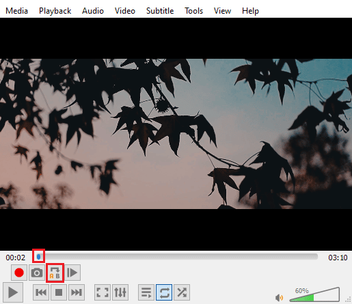 Select starting point and clikc on A to B icon. How to Create VLC Loop Video