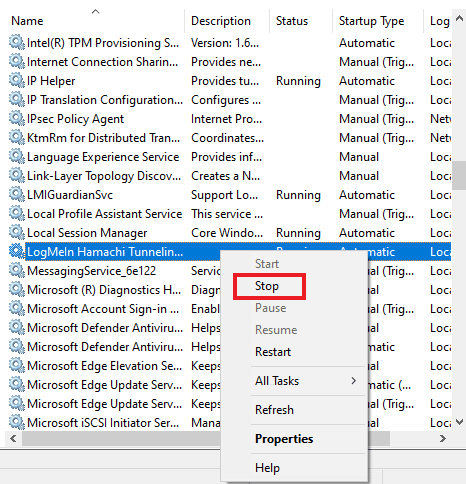 Select stop. Fix Hamachi VPN Error in Windows 10