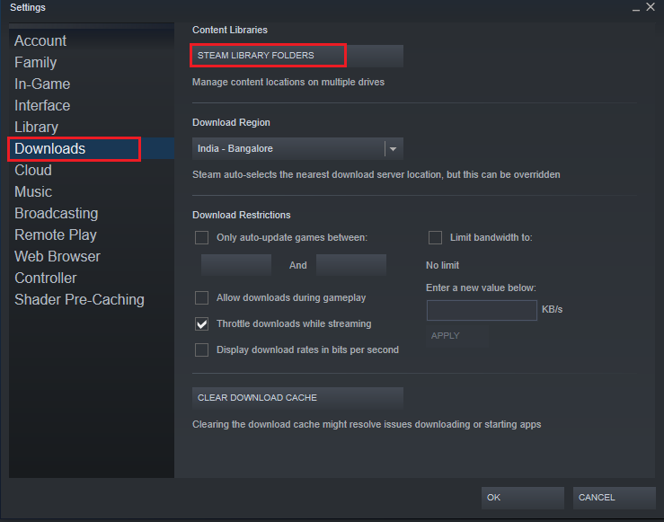 Select Stream Library Folders on the Downloads tab of Steam settings. Fix Dota 2 Disk Write Error