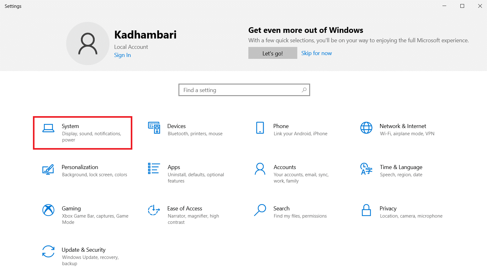 Select System on the Settings page