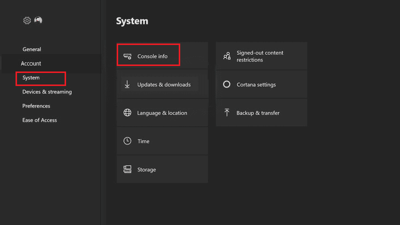 select system option and then console info in xbox one. Fix Xbox Error Code 0x8b0500b6