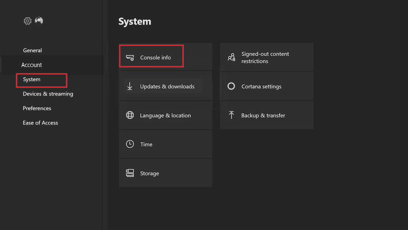select system option and then console info in xbox one