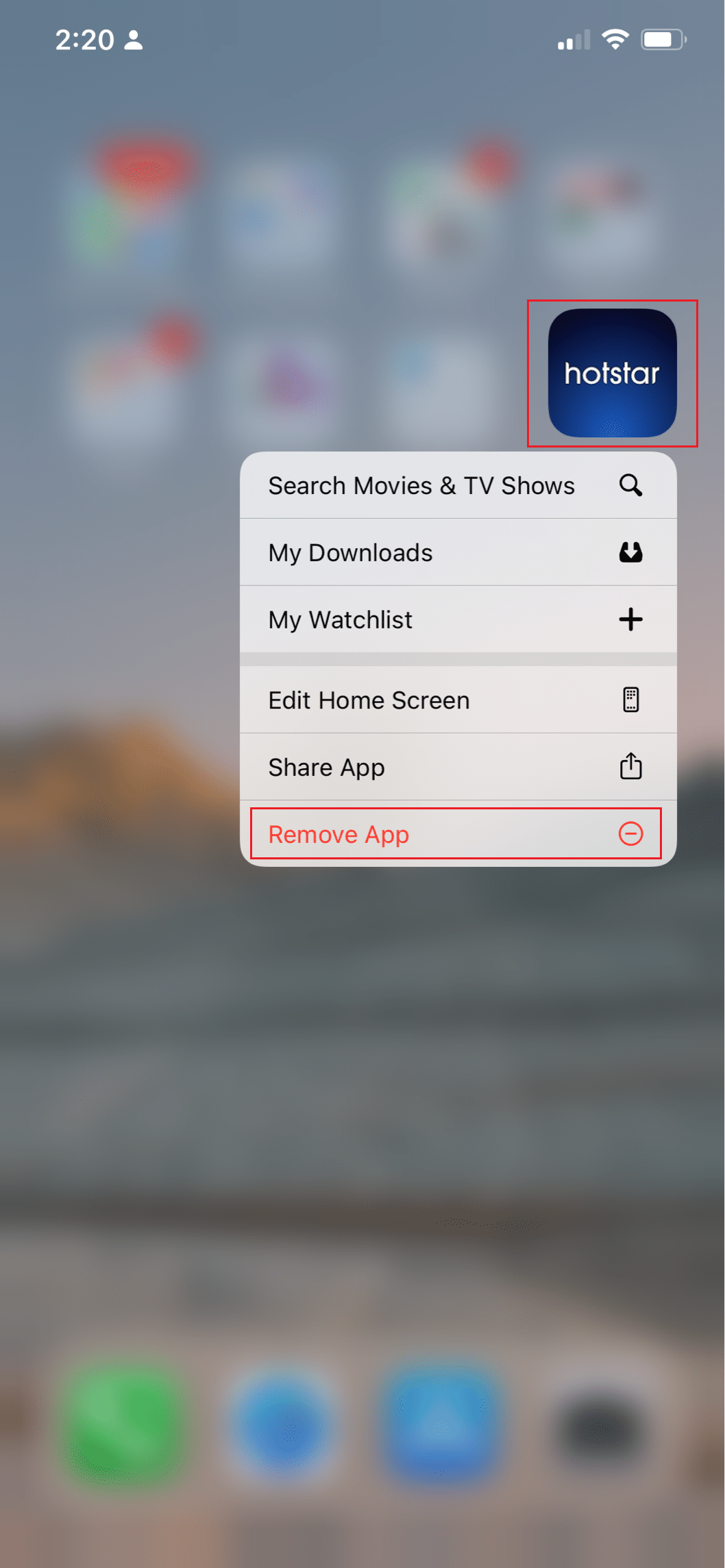 select the Remove app option for Hotstar app