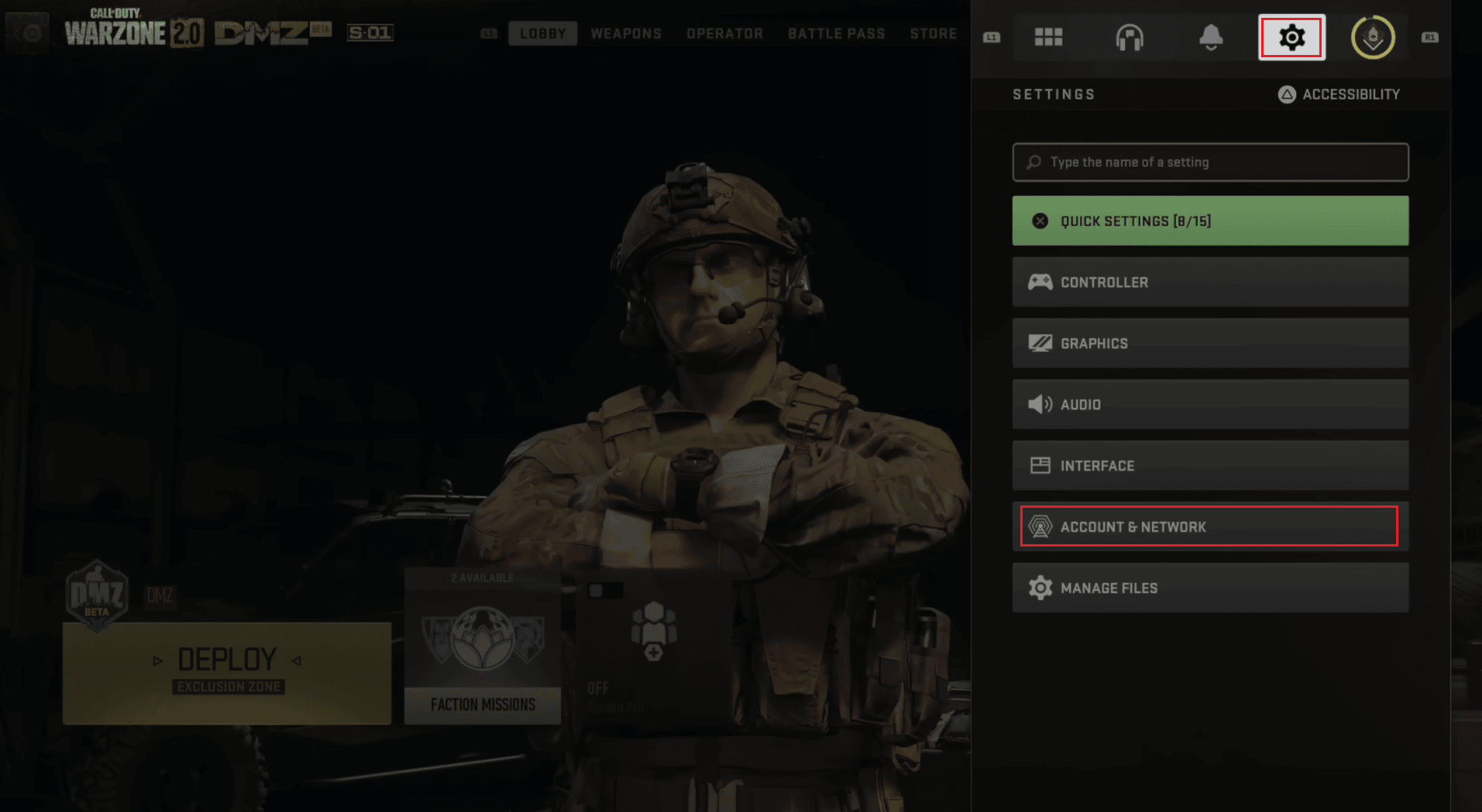 select the Settings gear tab - ACCOUNT & NETWORK option