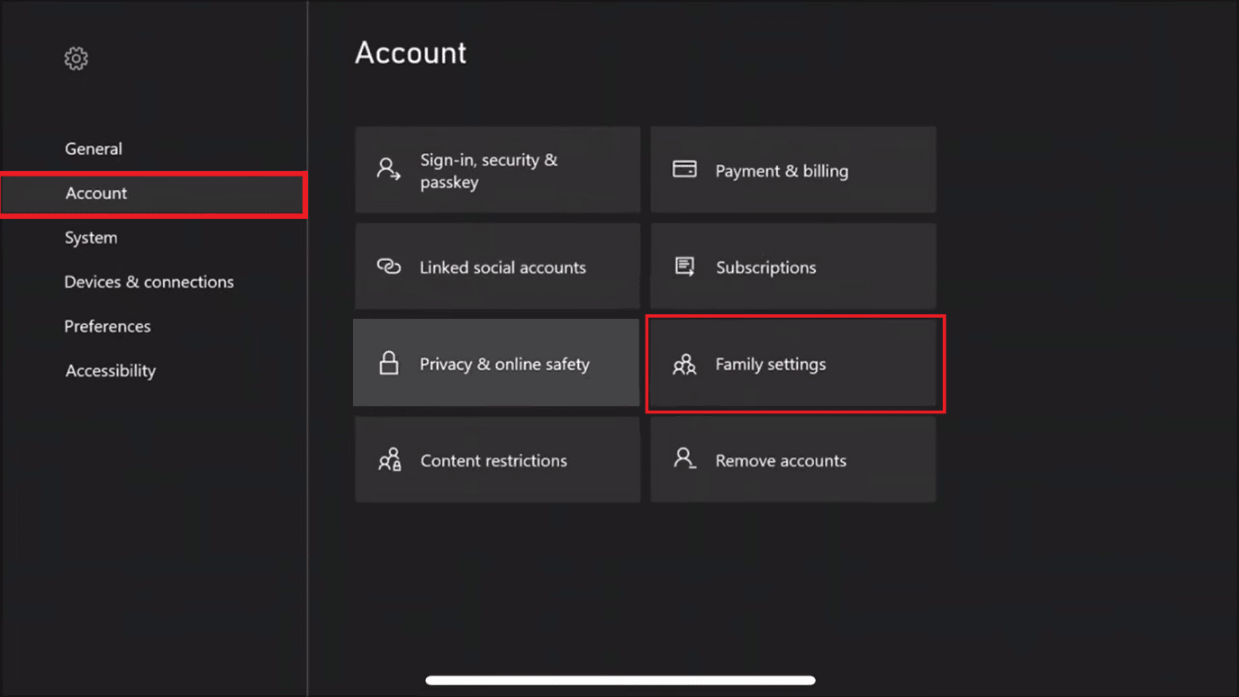 Select the Account and then Family settings