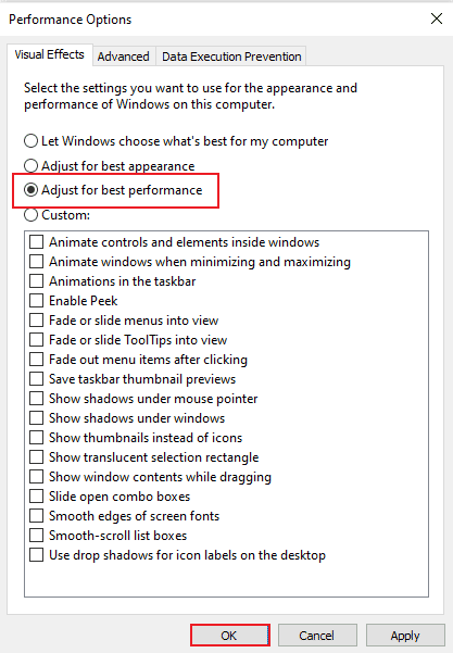 Select the Adjust for best performance option and click on OK. Fix Skype High CPU Usage in Windows 10