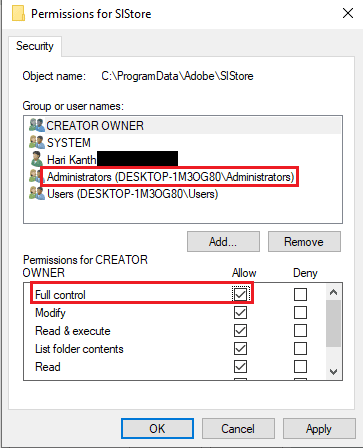 Выберите учетную запись «Администраторы» и установите флажок «Полный доступ» в разделе «Разрешить». Исправить ошибку 16 Adobe After Effects в Windows 10
