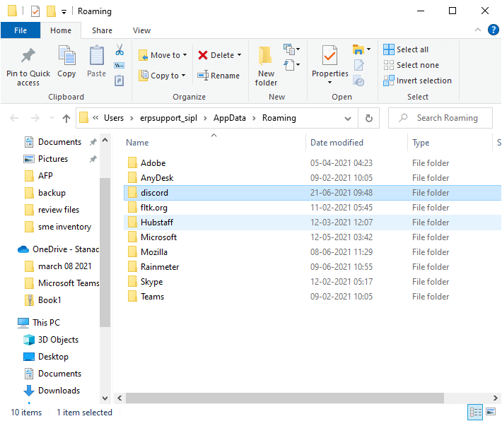 Select the AppData Roaming folder and go to Discord