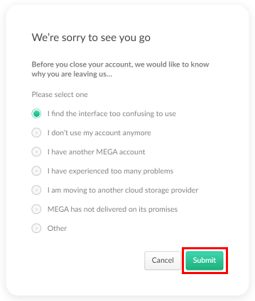 Select the appropriate reason for deleting the account and click on the Submit button.