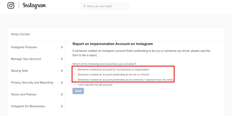Select the appropriate reason for reporting the impersonation.