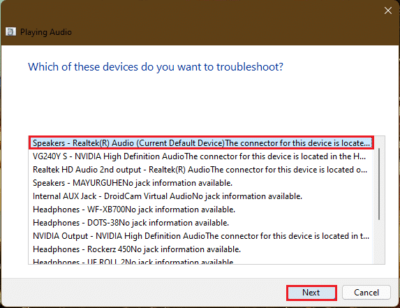 select the audio device to troubleshoot in Playing Audio troubleshooter Windows 11