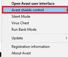 выберите параметр управления щитами Avast. Исправить ошибку «Ошибка сети изменена» в Windows 10.