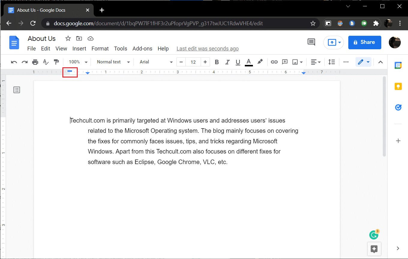 select the blue colored dash in google docs
