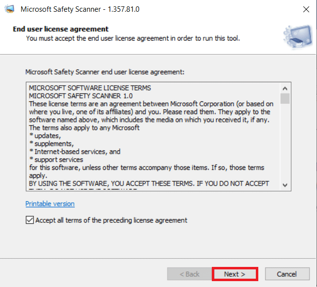 Select the box Accept all terms of the preceding license agreement and click Next