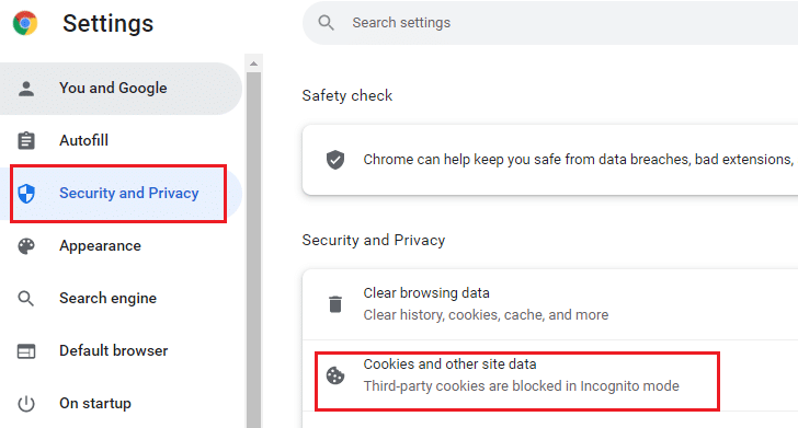 , select the Cookies and other site data option