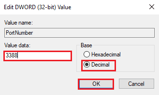Select the Decimal option in the Base section and alter the value in the Value data bar from 3389 to 3388
