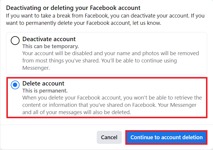 Wählen Sie die Option Konto löschen und klicken Sie auf Weiter zur Kontolöschung | So löschen Sie ein Facebook-Konto ohne Passwort