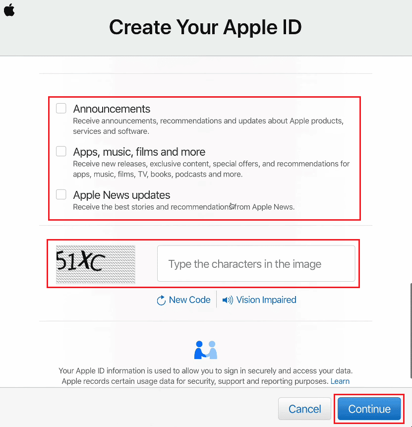 select the desired Receive fields - Enter the code characters displayed in the adjacent image and click on Continue | difference between @ME and @iCloud