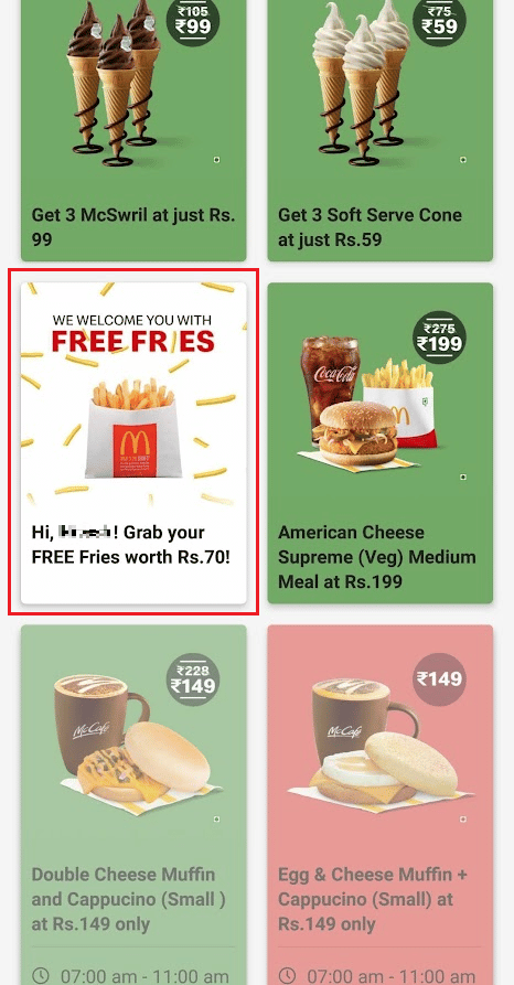 select the desired menu item from the list of available items | turn on notif on McDonald's app | claim your McDonald's rewards