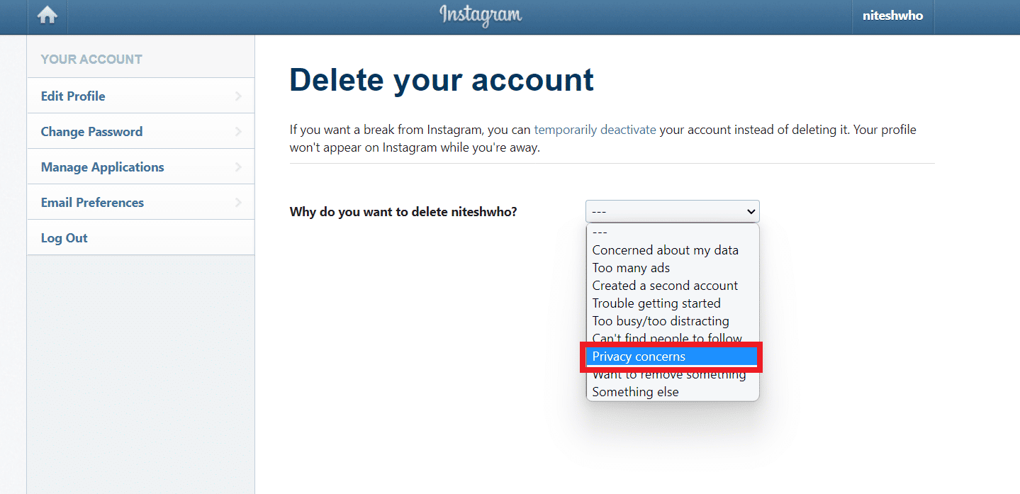 select the desired reason for why you want to delete the account | reactivate my Instagram account before 7 days