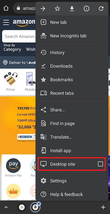 Select the Desktop site option to see the Amazon site in desktop mode