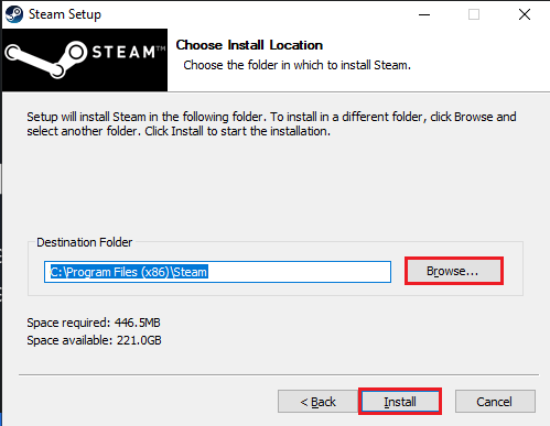 Wählen Sie den Zielordner der Steam-App aus, indem Sie auf die Schaltfläche „Durchsuchen“ und dann auf die Schaltfläche „Installieren“ klicken