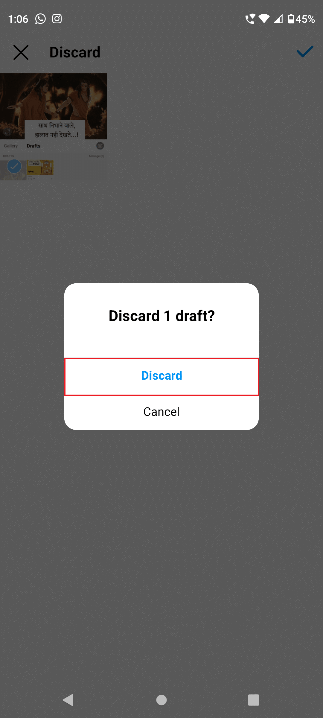 select the Discard option on instagram