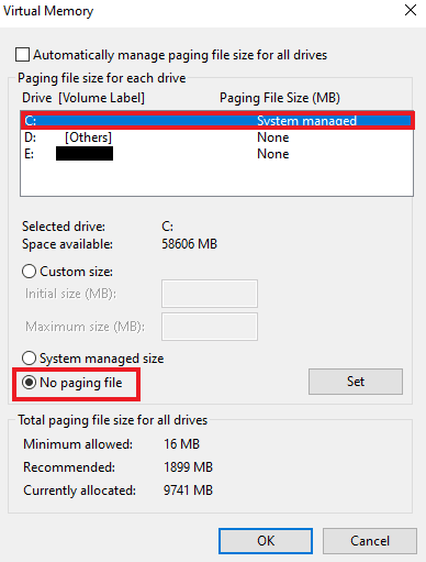select the drive you want to disable Pagefile.sys and select No paging file