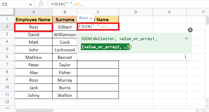 Select the first cell A2 that needs to be combined and add a comma. How to Combine Two Columns in Google Sheets