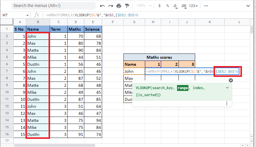 Select the first column which is the Name column and lock the cells by pressing the F4 key 