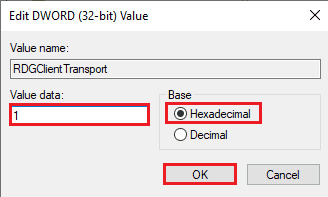 Select the Hexadecimal option in the Base section and type the value as 1 in the Value data
