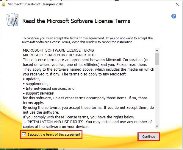 select the I accept the terms of this agreement and click on the Continue option | Download Microsoft Office Picture Manager on Windows 10