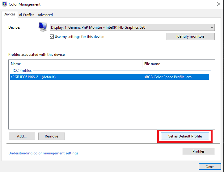 Select the ICC profile again and click on Set as Default Profile. How to Install ICC Profile on Windows 10
