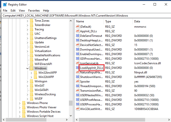 Select the key LoadAppInit DLLs. in the Registry Editor.