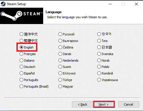 Select the language of your choice in the next window and click on the Next button