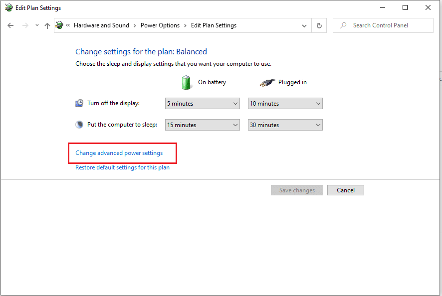 select the link for 'Change advanced power settings' | Fix Computer Won't Go to Sleep Mode In Windows 10