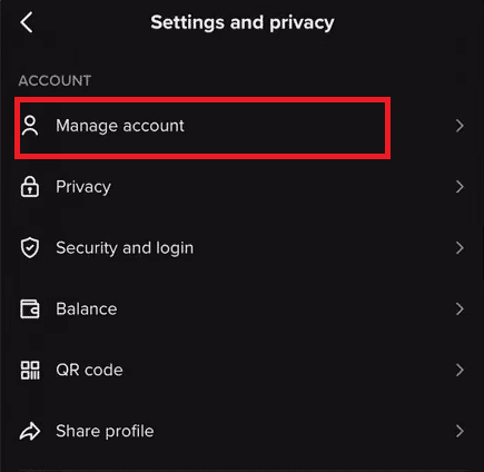 Select the Manage account option from the menu