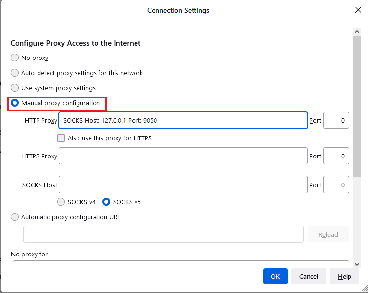 Select the Manual proxy configuration option on the Connection Settings window